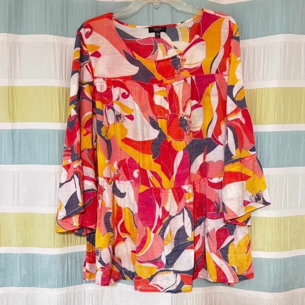 Cocomo Flowy Boho Bell Sleeve Tunic Floral Wearable Art Top Sz 2X - Picture 9 of 9